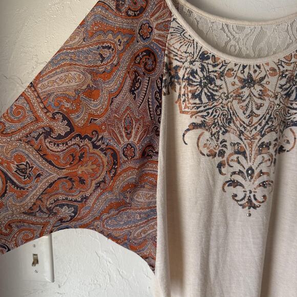 Boho‎ Peasant Top Womens Large Cream Paisley Print Lace Detail Flowy Blouse - Picture 6 of 9